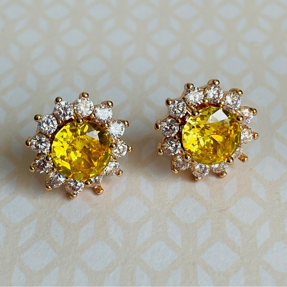 Yellow Clear Cubic Zirconia CZ Gold-Plated Halo Stud Earrings